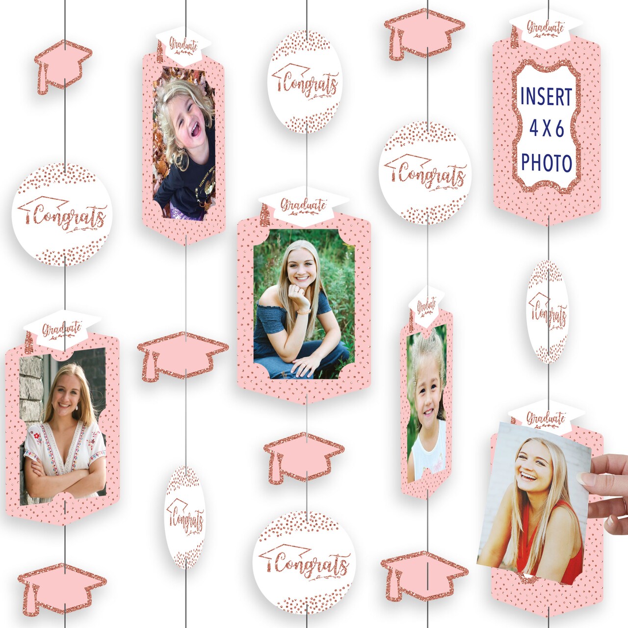 Big Dot of Happiness Rose Gold Graduation Party Vertical Photo Garland 35 Pieces